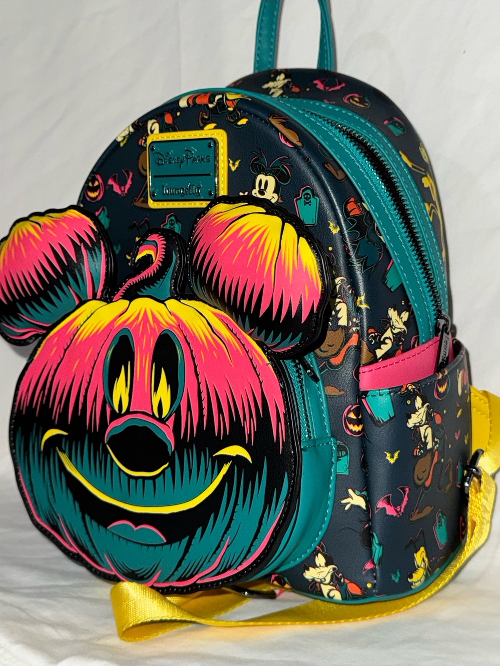 Loungefly Neon Pumpkin Mickey Backpack in Pink, Teal & Yellow - Picture 3 of 5